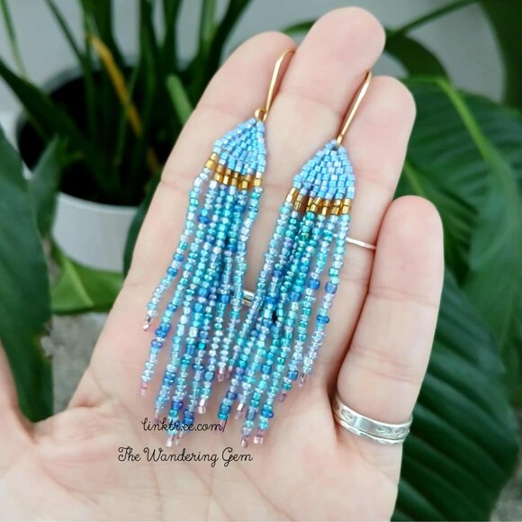 Boho Beaded Fringe Cascade Shoulder Duster Dangle Earrings, Blue & Gold 3.5" - Picture 10 of 10